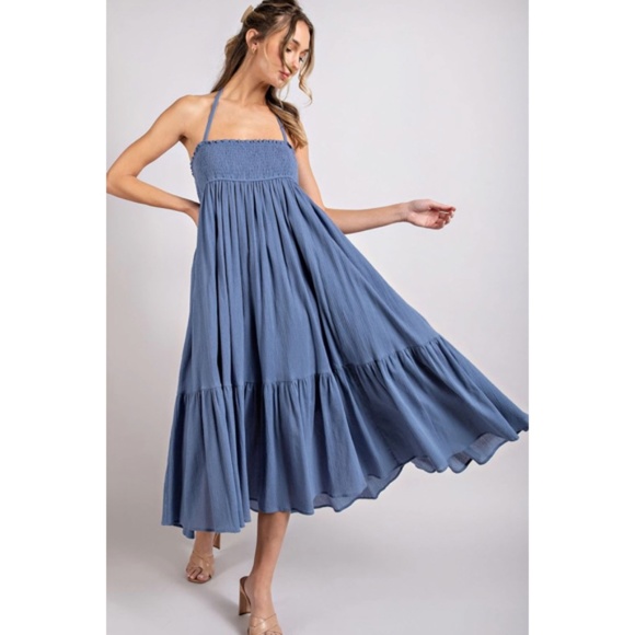 SOLD OUT Denim Blue Smocked Open Back Midi Halter Summer Casual Women's Dress - Picture 7 of 9
